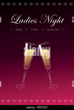 two glasses of champagne vector ladies night poster illustration EPS10 Stock Vector