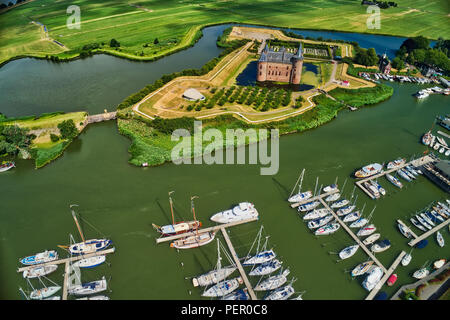 Aerial view of the medieval castle Muiden, in the Netherlands, located at the mouth of the Vecht river, southeast of Amsterdam, It is one of the bette Stock Photo