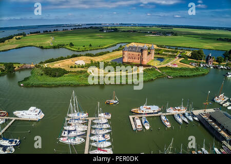 Aerial view of the medieval castle Muiden, in the Netherlands, located at the mouth of the Vecht river, southeast of Amsterdam, It is one of the bette Stock Photo