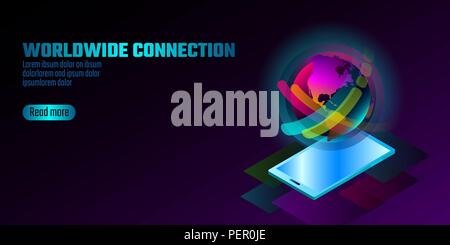 3D-enabled display smartphone concept. Stereoscopic isometric 3D business innovation technology. Colorful vibrant color globe shape iridescent fluid gradient neon bright vector illustration Stock Vector