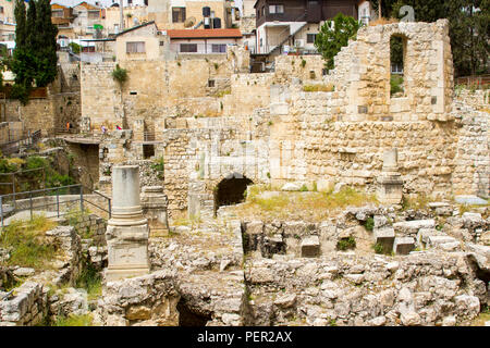 Part of the excavated ruins on the site of the ancient biblical site of the old Pool of Bethesda in Jerusalem Israel Stock Photo