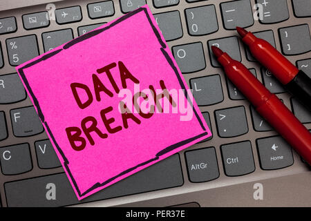 Text sign showing Data Breach. Conceptual photo security incident where sensitive protected information copied Pink paper keyboard Inspiration communi Stock Photo