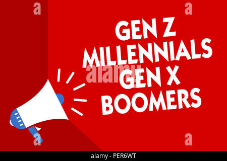 Conceptual hand writing showing Gen Z Millennials Gen X Boomers. Business photo showcasing Generational differences Old Young people Megaphone red bac Stock Photo