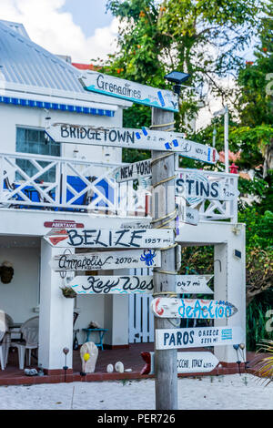 Sign post on Rockley Beach, Barbados, Stock Photo