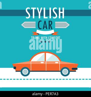 Car on the road. Stylish car, travel with comfort. Flat design background template. Vector illustration Stock Vector