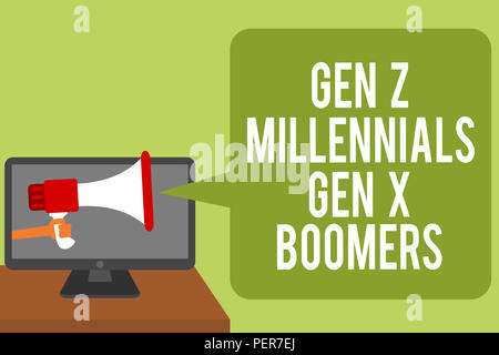 Conceptual hand writing showing Gen Z Millennials Gen X Boomers. Business photo text Generational differences Old Young people Man holding Megaphone l Stock Photo