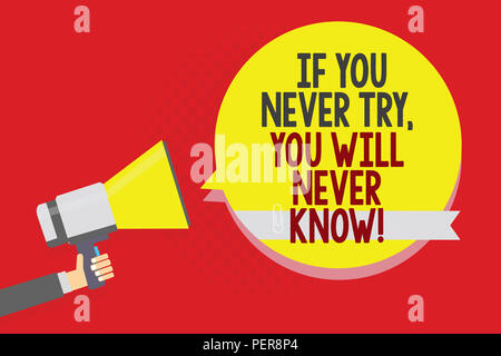 Conceptual hand writing showing If You Never Try, You Will Never Know. Business photo text Inspiration to make new thing Man holding megaphone loudspe Stock Photo