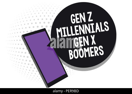 Writing note showing Gen Z Millennials Gen X Boomers. Business photo showcasing Generational differences Old Young people Cell phone receiving text me Stock Photo