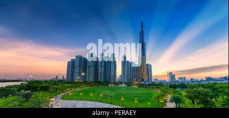 Panoramic skyscrapers at sunset with sky impressive in apartment, architectural extended life material development people Stock Photo