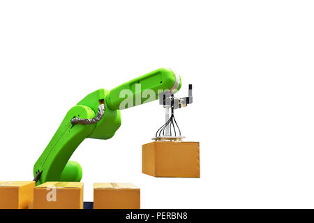 Industry robotic arm holding a box isolated on white background Stock Photo