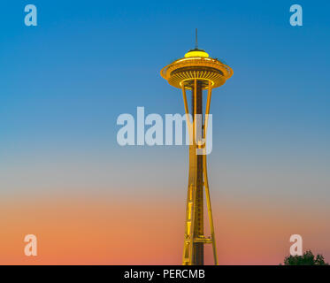Seattle Space Needle (observation tower) at sunset in Seattle, Washington.