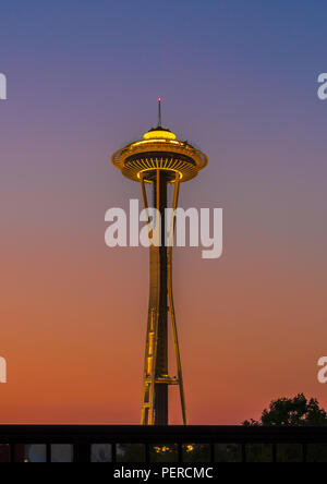 Seattle Space Needle (observation tower) at sunset in Seattle, Washington.