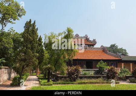 Royal Library or Emperor's Reading Room (Thái Bình Lâu), with bonsai garden in front, Forbidden Purple City, Hue, Viet Nam Stock Photo