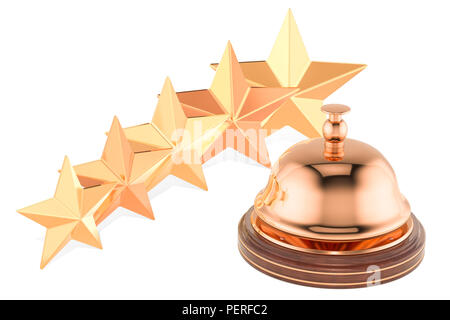 Reception Service Bell with Five Stars Rating, 3D rendering isolated on white background Stock Photo