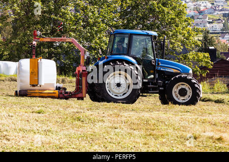 Wrapping.Doing haylage, preferred by small scale farmers involves a multiple step process: cutting, drying or 'curing',raking, processing and storing. Stock Photo