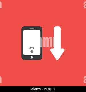 Flat vector icon concept of low wireless wifi symbol inside smartphone and arrow moving down on red background. Stock Vector