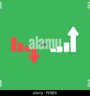 Flat vector icon concept of sales bar graph moving down and up on green background. Stock Vector