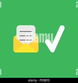 Flat vector icon concept of written paper inside mail envelope and check mark on green background. Stock Vector
