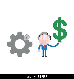 Vector illustration businessman character with gear and holding dollar symbol. Stock Vector