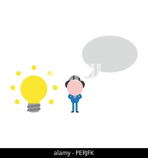 Vector illustration businessman character with glowing light bulb and blank speech bubble. Stock Vector