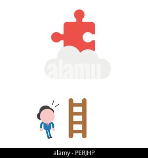 Vector illustration businessman character with short wooden ladder and looking missing puzzle piece on cloud. Stock Vector