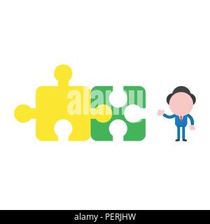 Vector illustration businessman character with two connected jigsaw puzzle pieces. Stock Vector