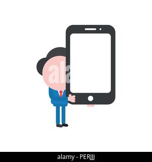 Vector illustration businessman character holding smartphone. Stock Vector