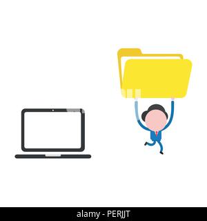 Vector illustration businessman character running from laptop computer and carrying open file folder. Stock Vector