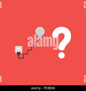 Flat vector icon concept of grey lightbulb with stairs cable, plug and outlet with question mark on red background. Stock Vector