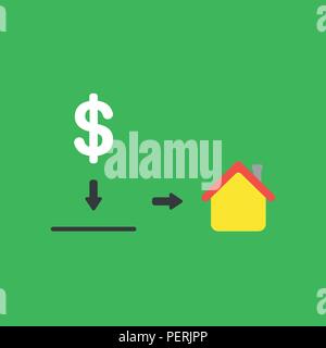 Flat vector icon concept of dollar symbol with moneybox hole and house on green background. Stock Vector