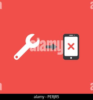 Flat vector icon concept of spanner and smartphone with x mark on red background. Stock Vector