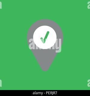 Flat vector icon concept of map pointer with check mark on green background. Stock Vector