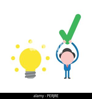 Vector illustration businessman character with glowing light bulb idea and holding up check mark. Stock Vector