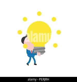 Vector illustration businessman character walking and holding glowing light bulb idea. Stock Vector