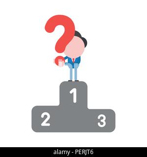 Vector illustration businessman character holding question mark on first place of winners podium. Stock Vector