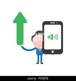 Vector illustration businessman character holding arrow moving up and smartphone with sound on icon. Stock Vector