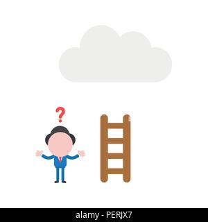 Vector illustration confused businessman character with short wooden ladder to reach cloud. Stock Vector