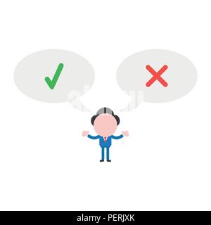 Vector illustration businessman character with speech bubbles and check and x marks. Stock Vector