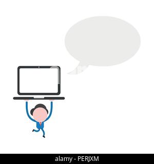 Vector illustration businessman character with blank speech bubble and running and holding up laptop computer. Stock Vector