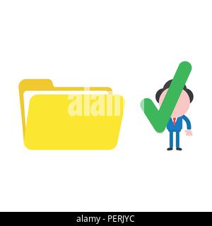 Vector illustration businessman character holding check mark to open file folder. Stock Vector