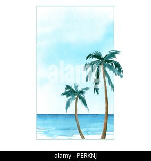 Watercolor card with palm tree and ocean. Summer banner template with place text Stock Photo