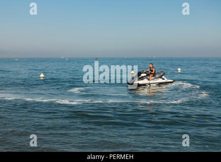 Jet ski being prepared at mediterranean sea, San Pedro, Marbella, Spain. Stock Photo