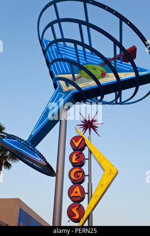 United States of America, Nevada, Las Vegas,  Downtown, Freemont East Area, Neon Vegas sign, dusk Stock Photo