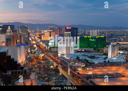 United States of America, Nevada, Las Vegas, Elevated dusk view of the Hotels and Casinos along the Strip