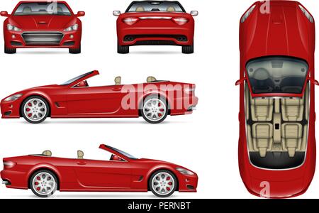 Red convertible car vector mockup on white for vehicle branding, corporate identity. View from side, front, back, and top Stock Vector