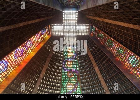 RIO DE JANEIRO, BRAZIL - OCTOBER 19, 2014: Interior view of cathedral in Rio de Janeiro. The modern style cathedral was completed in 1979. It was desi