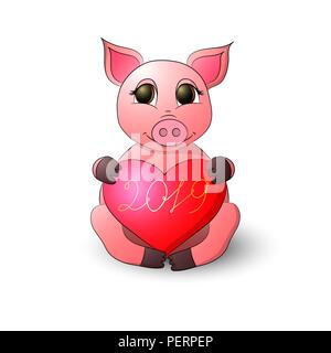 A funny pig holds a heart with the inscription 2019 Stock Vector