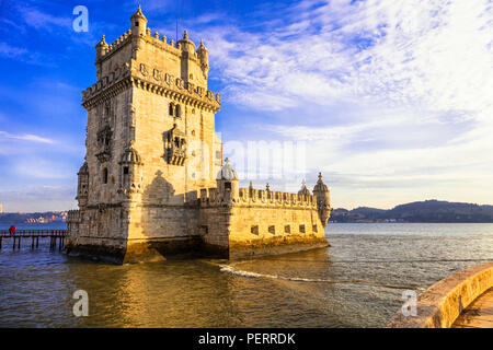 Impressive Belem tower over sunset,Lisbona,Portugal. Stock Photo