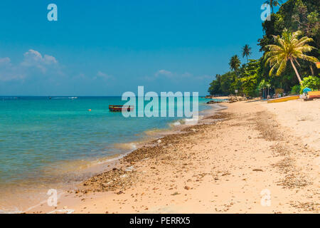 The southernmost beach on Perhentian Kecil, the gorgeous Petani Beach, is a quiet stretch of golden sand, turquoise water and palm trees in the state... Stock Photo