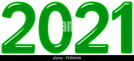 Inscription 2021 from green glass or plastic, isolated on white background, 3d render Stock Photo